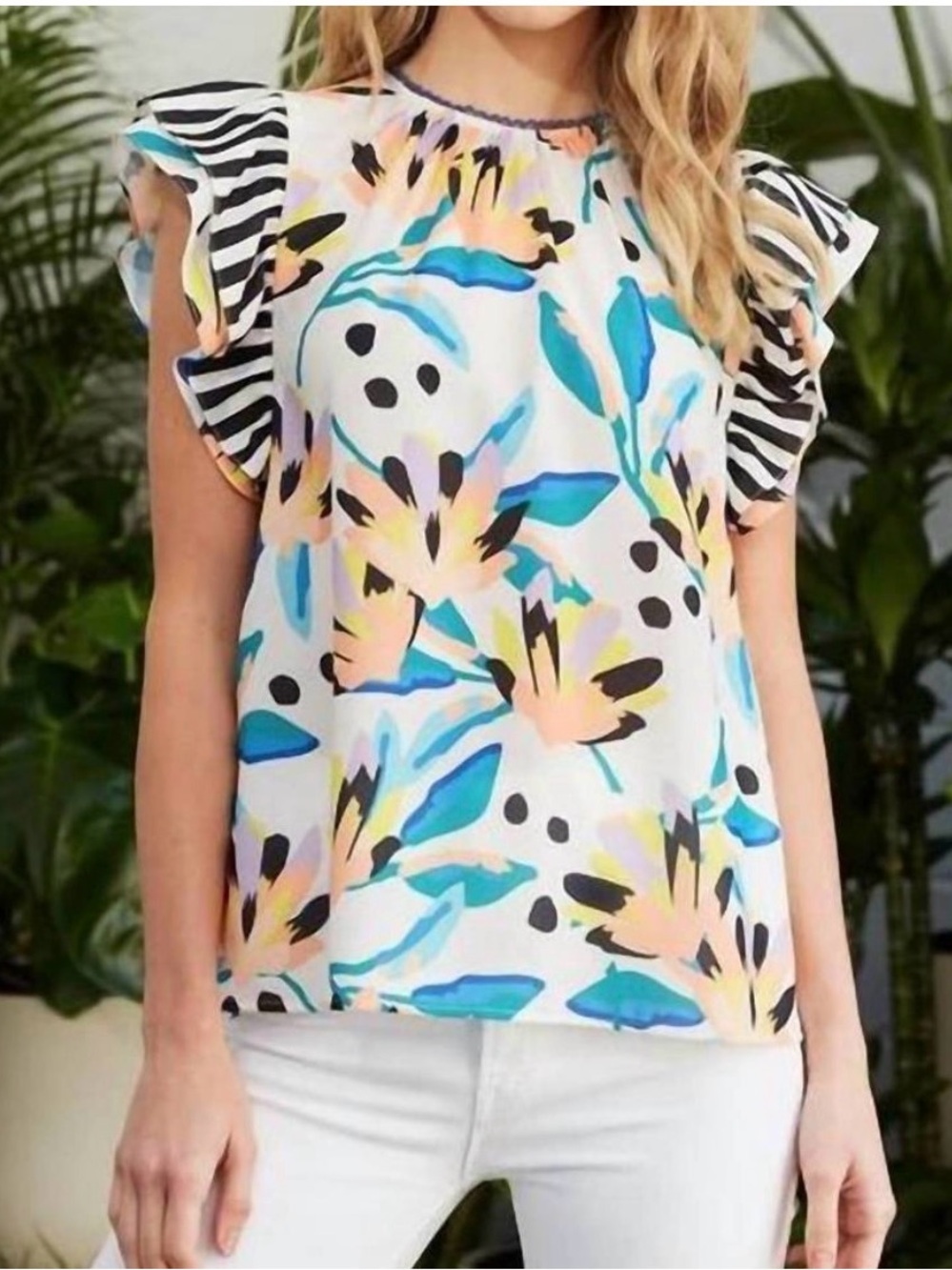 CROSBY by Mollie Burch | Abstract Floral Ruffle Stripe Top Size Small